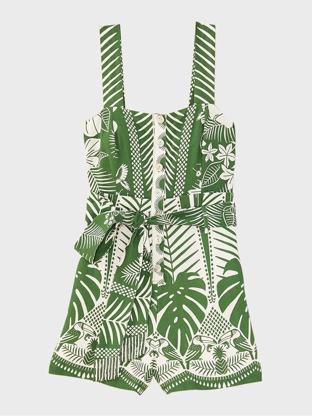 Farm Rio Green & White Tropical Print Romper with Beaded Belt and Pockets - Picture 15 of 17